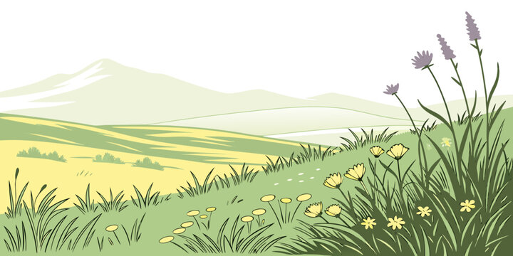 A serene landscape of rolling hills and open fields under a clear sky Vector