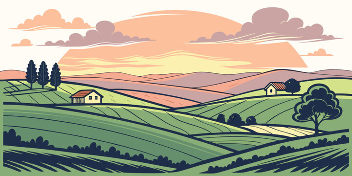 A serene landscape of rolling hills and a vibrant sunset over a distant horizon. Vector