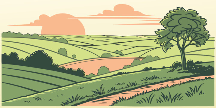 A picturesque countryside landscape with rolling hills and a winding river. Vector