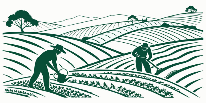 A vintage illustration of farmers working in a field with horses and plows. Vector
