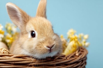 Cute baby bunny sitting in a wicker basket with yellow spring flowers on a blue background,