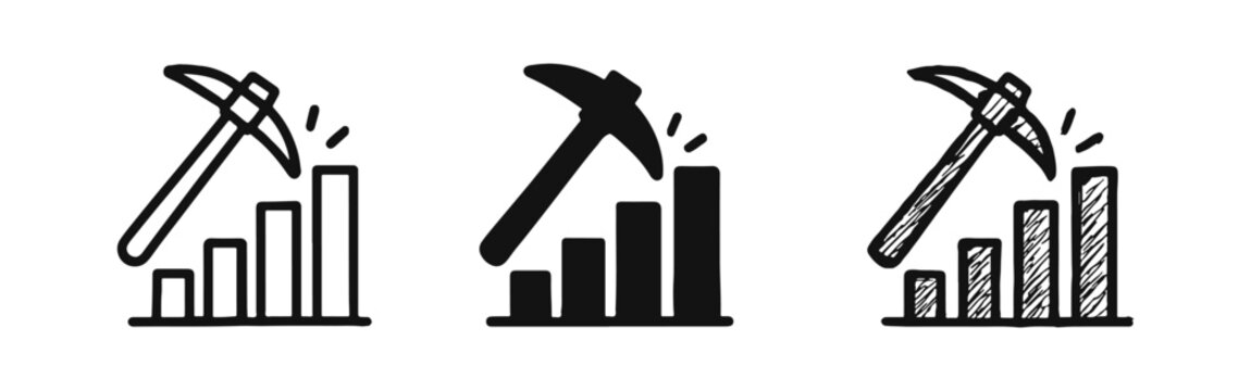 Pickaxe and bar chart data mining icon set. Resource extraction, analysis, and business growth concept.