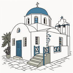 A serene greek orthodox church with blue domes and white walls Vector © rabby