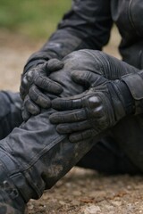Fototapeta premium Motorcyclist in black leather gear sits on dirt ground holding an injured knee. The scene conveys pain and misfortune after a crash. Ideal for road safety or insurance content.