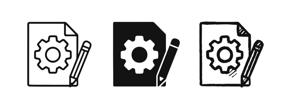 Document settings and content creation icon set, file customization and writing process symbol with multiple styles.