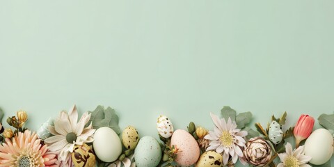 Obraz premium Pastel Easter eggs and spring flowers arranged in a border on a mint green background with copy space,