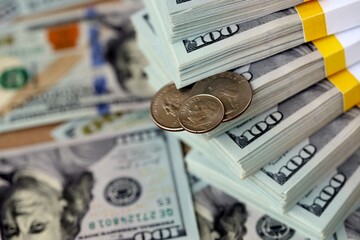 US coin lies among ten thousand dollars packs in stack on big amount of hundred dollar bills © Larysa