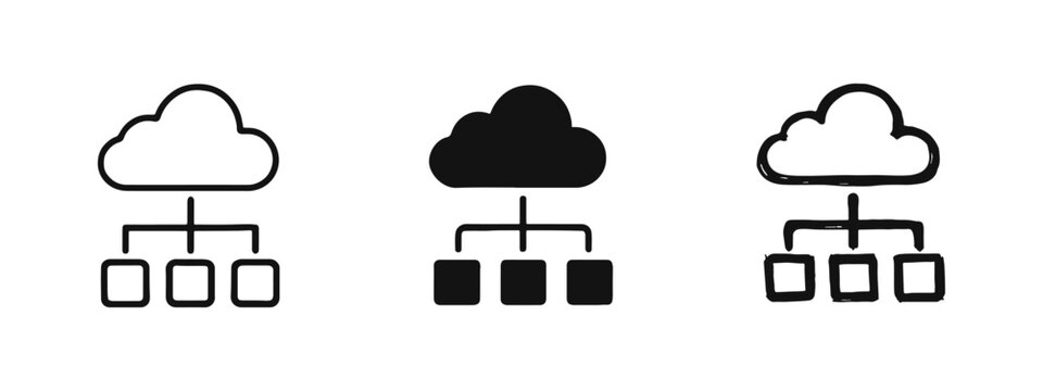 Cloud computing and data storage network icon set, distributed system architecture symbol with multiple styles.
