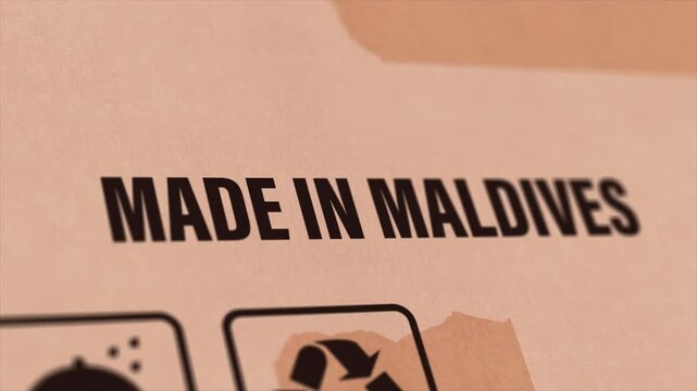 Made in MALDIVES Label on Cardboard Box, Animated MALDIVES Manufacturing Export Concept