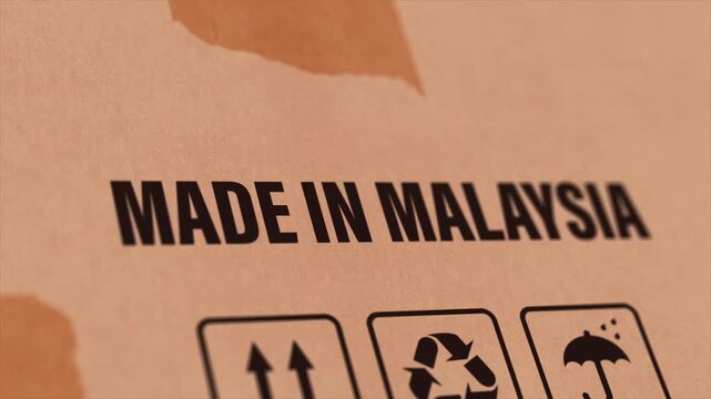Made in MALAYSIA Label on Cardboard Box, Animated MALAYSIA Manufacturing Export Concept