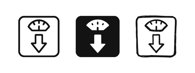 Weight scale with down arrow icon set. Weight loss, diet, and health decrease symbol. © ICONS FOR YOU
