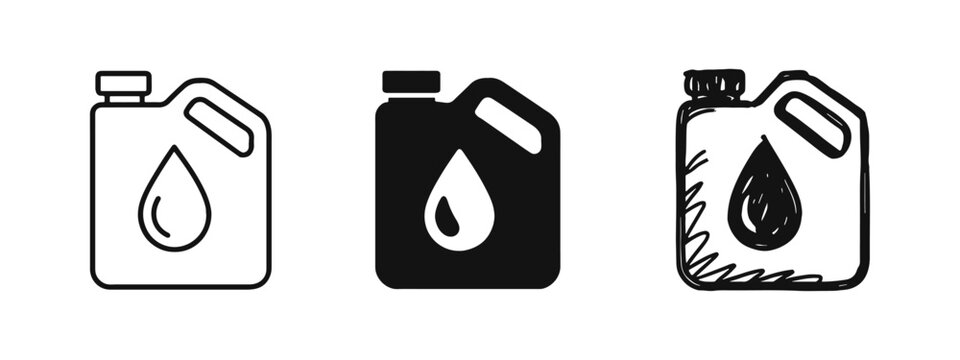 Oil can or jerrycan with liquid drop icon set. Lubricant, fuel, and chemical storage symbol.