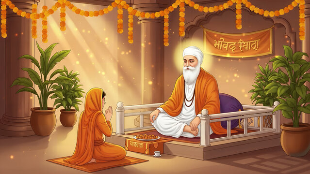 Spiritual leader sharing wisdom with devoted follower in serene Indian temple