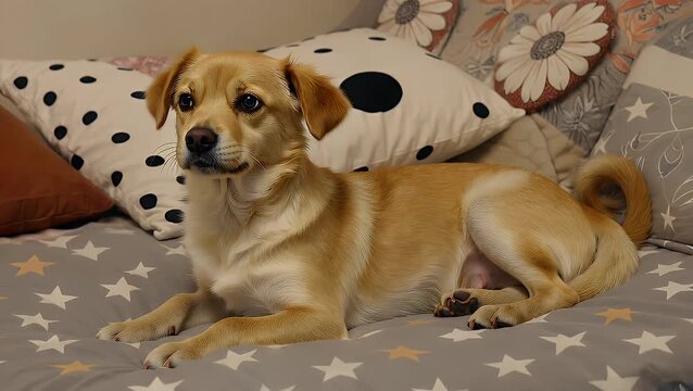 A domestic canine companion resting peacefully upon its designated sleeping furniture adorned with a celestial design
