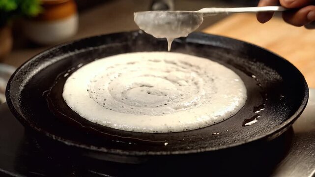 Preparing Dosa Batter on Hot Tawa Indian Cuisine Cooking Process