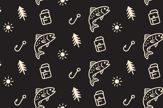 Fishing gear retro illustration seamless pattern on black background for outdoor. Angler fish and camping gear repeat pattern simple line for adventure. Pattern with fish, hook, backpack, tree, sun