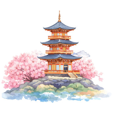 桜に囲まれた日本の五重塔水彩イラスト Japanese Pagoda with Cherry Blossoms Watercolor Illustration