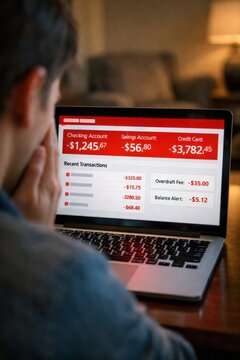 A man looks at a laptop screen showing negative bank account balances and overdraft fees. The image conveys financial stress and debt crisis. Ideal for personal finance or bankruptcy content.