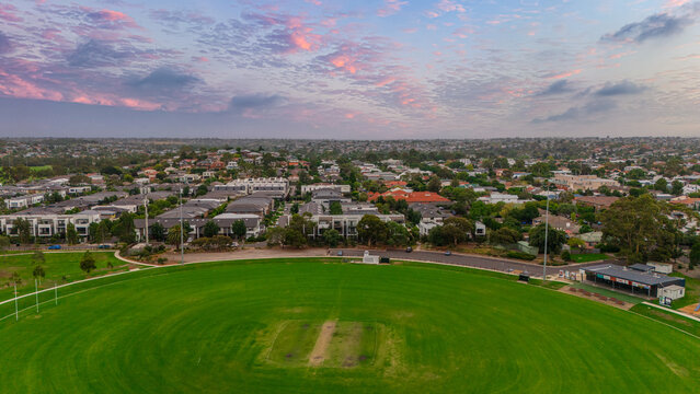 Panoramic Aerial Drone view of Inner Suburbs of Melbourne housing, roof tops, the streets and the parks, the roads and trees of Ascot Vale Moonee Ponds Brunswick Essendon and Maribyrnong in VIC Victor