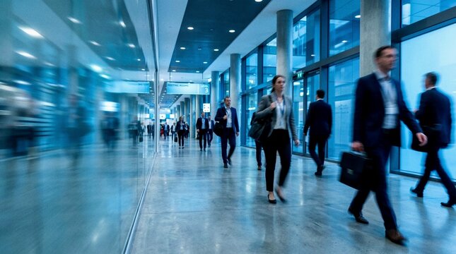 Corporate professionals swiftly navigating a sleek glass corridor with dynamic motion blur and cool blue reflections