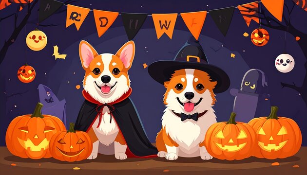 Two corgis celebrate Halloween with carved pumpkins and ghostly friends, under a festive banner and starry night