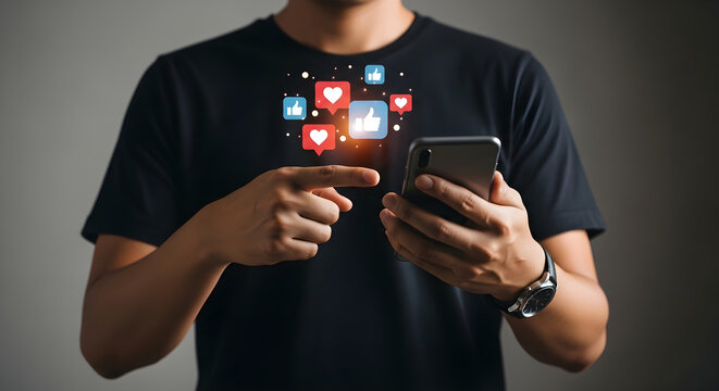 Man engaging with social media on smartphone with likes and hearts