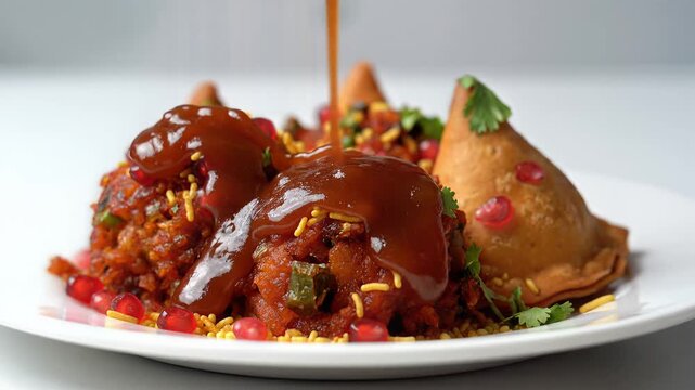 Samosa Chaat Garnished With Chutney A Delicious Indian Street Food