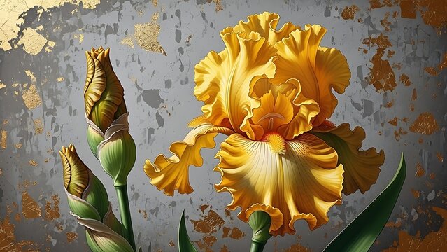 Illustration of vibrant yellow bearded iris flower in full bloom with closed buds against a textured gold and gray background