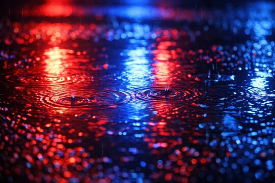 Raindrops falling into a puddle with red and blue neon reflections. The urban atmosphere is moody and cinematic with a cyberpunk feel. Ideal for atmospheric backgrounds or music covers.