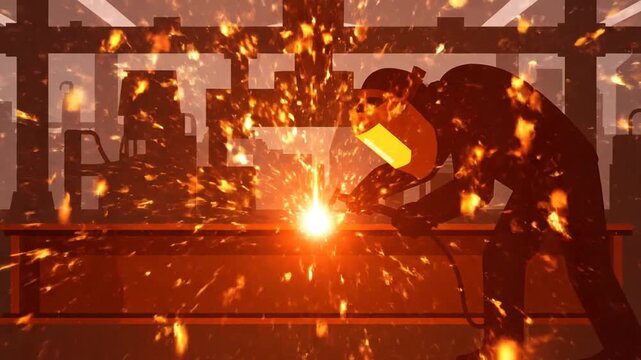 Industrial worker grinding metal sparks in a factory with heavy machinery and sparks flying everywhere