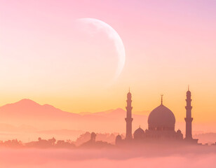 Mosque silhouette against a soft pink sky and large moon