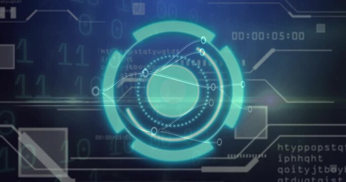 Turquoise HUD rings activating as timecode incrementing routing nodes running diagnostics for tech