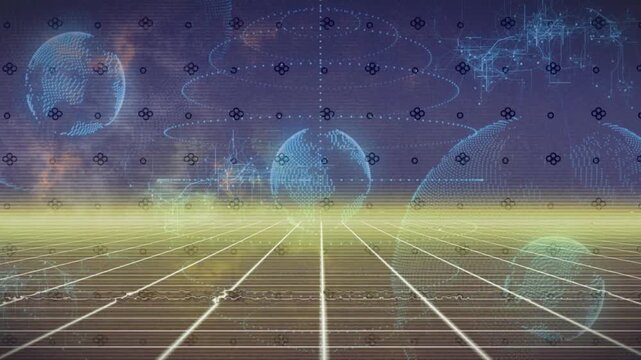 Wireframe grid and holographic spheres reacting to scanline sweep, revealing dotted dome for tech