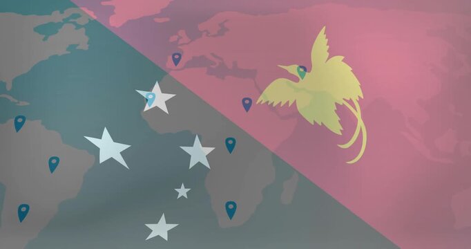 Map animation starting, emblem releasing blue markers and showing global expansion for business