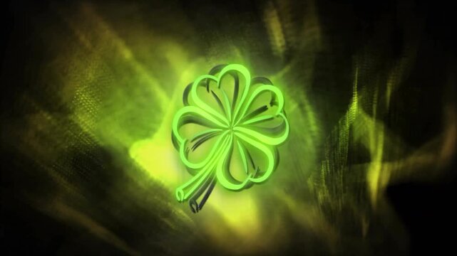 Neon clover emerging from etched outline, spawning ribbons and settling to halo for branding