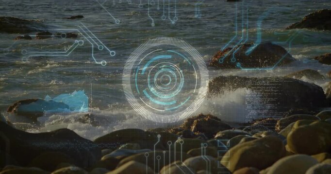 Futuristic HUD activating from waves, reticle scanning shoreline, showing machine metadata