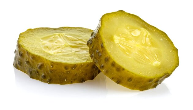 Two translucent pickle slices, featuring seeds, skin bumps, and juicy appearance, are displayed against a white background