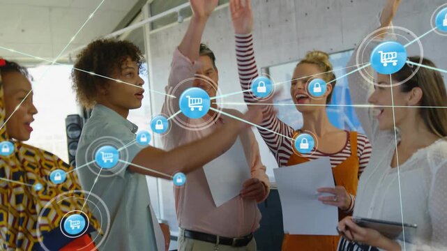 Team placing hands in business huddle showing cart lock icons linking team tablet and docs cheering