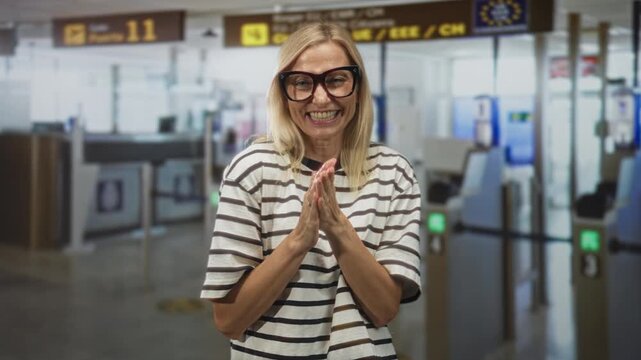 Woman clapping hands and smiling at airport security checkpoint, striped shirt and large glasses visible; joy travel excitement.