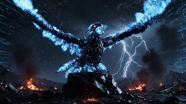 Fantasy creature with glowing wings and fiery background for creative projects