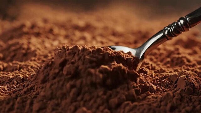 Close-up of a spoon scooping rich cocoa powder, creating a small pile of delicious chocolate dust