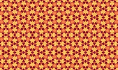 Vibrant geometric pattern of yellow, orange, and red stars and dots, creating a dynamic and playful visual effect with abstract shapes and colors.