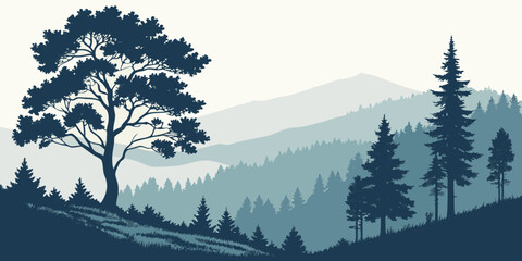 A serene landscape of tall trees overlooking a vast mountain range under a clear sky. Vector © Rabbi