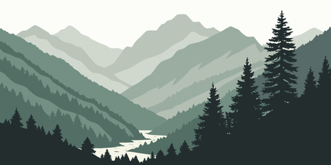 Majestic mountain range with dense forest and a winding river valley Vector © Rabbi