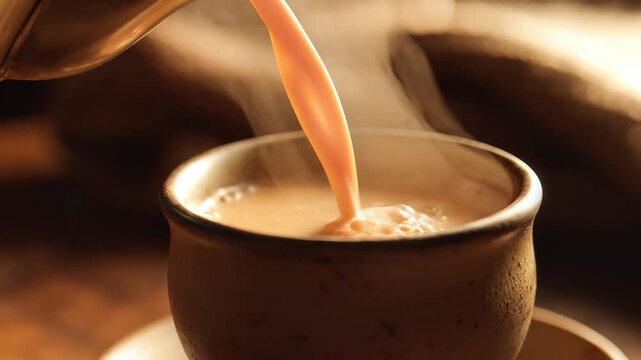 Pouring Steaming Masala Chai into a Traditional Indian Kulhad Cup