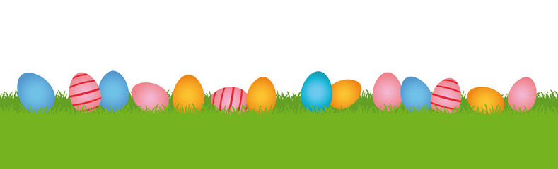 Bunt bemalte Ostereier auf einer Wiese, horizontal, Banner im Querformat, transparent ohne Hintergrund