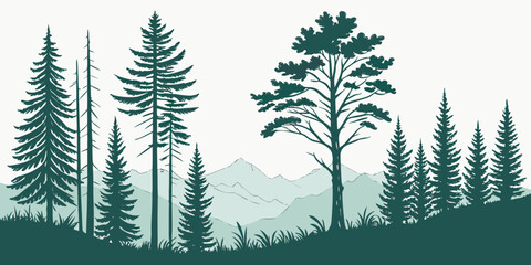 A serene forest scene with tall trees and a misty atmosphere Vector © Rabbi