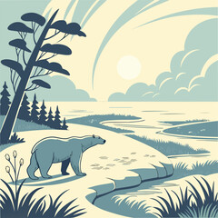 Polar bear walking on ice floes in the arctic with a beautiful sky. Vector © Rabbi