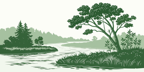 A serene landscape featuring a tranquil lake surrounded by lush greenery and trees Vector © Rabbi