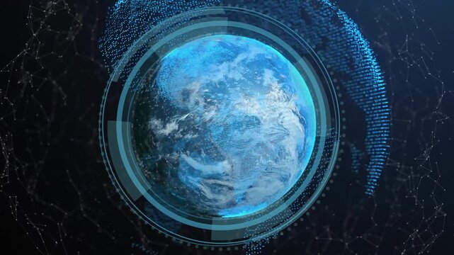 Stylized globe appearing in dark void, spawning cyan rings and growing dot arc, mapping tech data